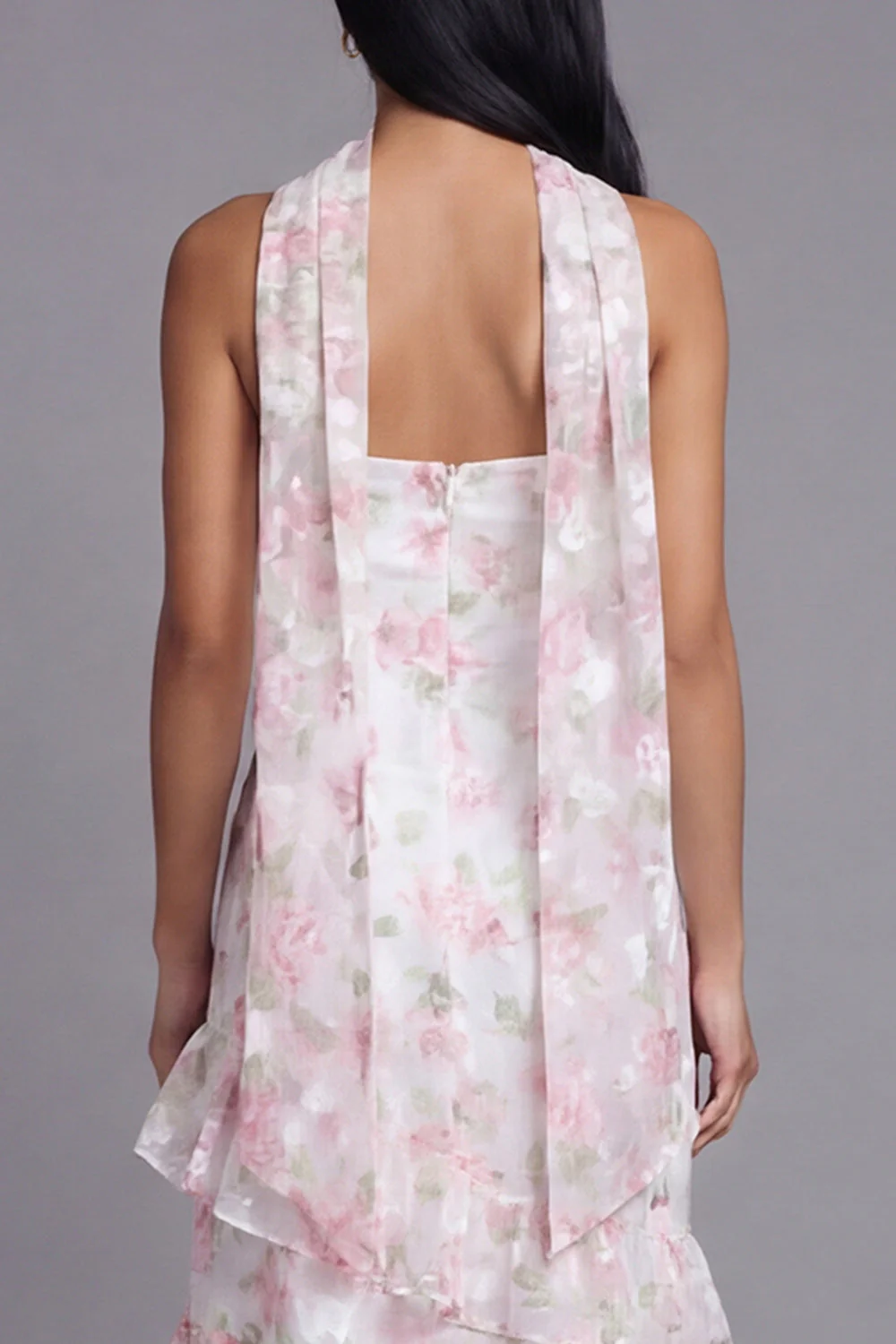 Robe longue de mariage invitée longue à motifs de mariage blanche blanche rose en chiffon et écharpe de col - Image 5