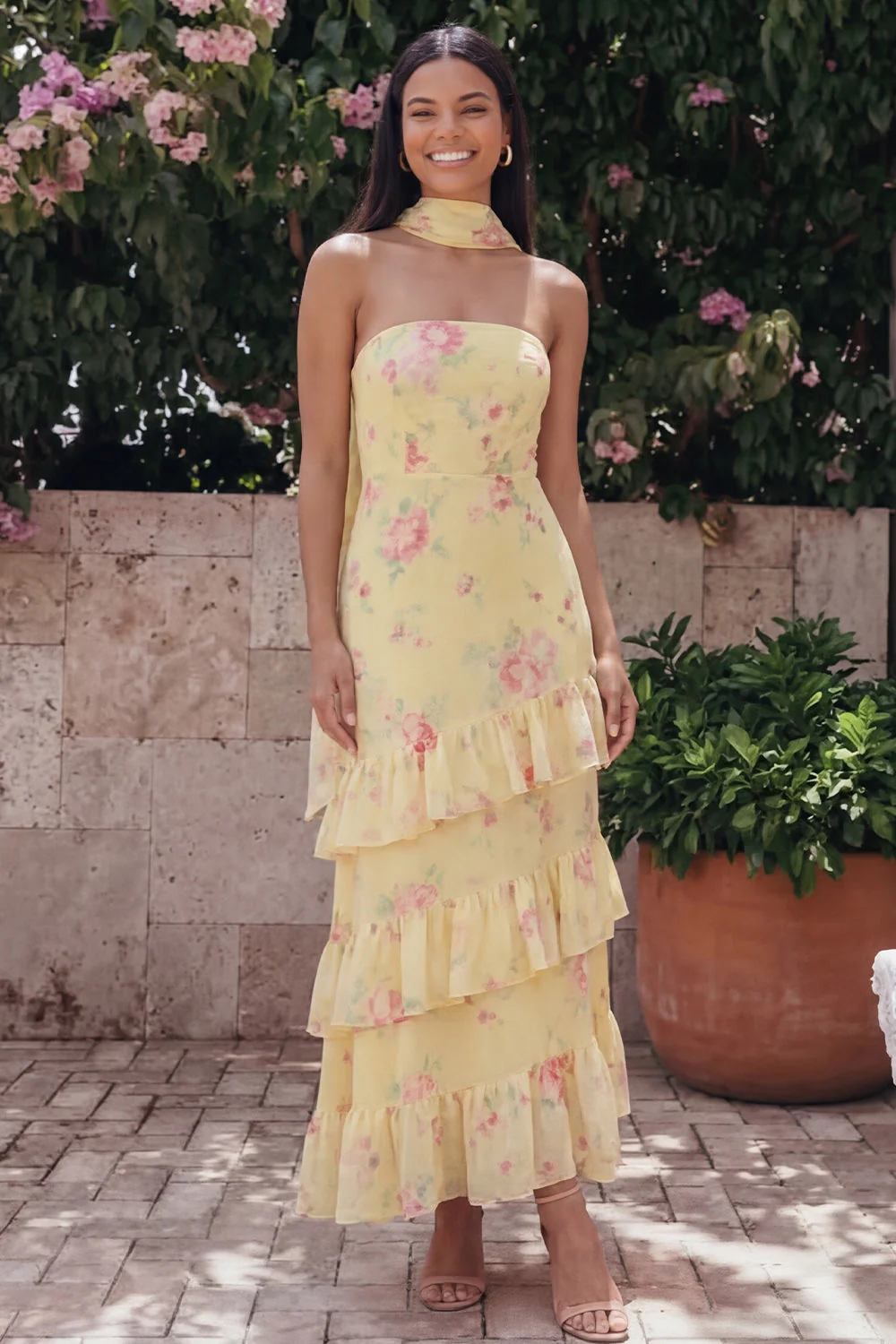 Robe longue de mariage invitée longue à motifs de mariage blanche blanche rose en chiffon et écharpe de col - Image 6