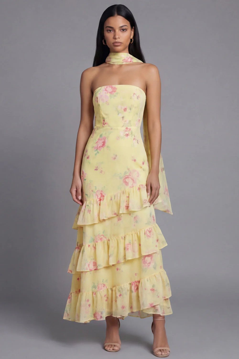 Robe longue de mariage invitée longue à motifs de mariage blanche blanche rose en chiffon et écharpe de col - Image 7