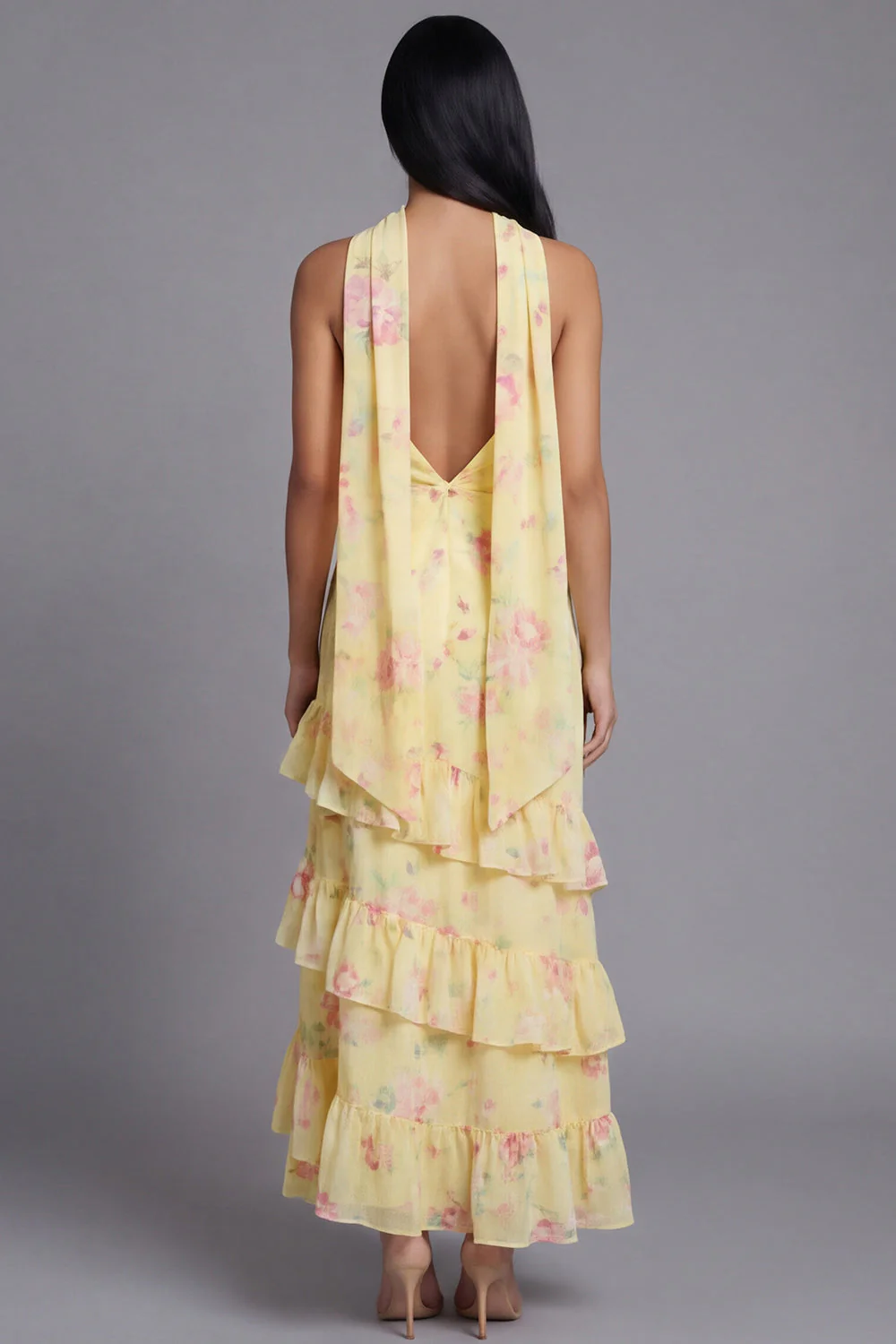 Robe longue de mariage invitée longue à motifs de mariage blanche blanche rose en chiffon et écharpe de col - Image 8