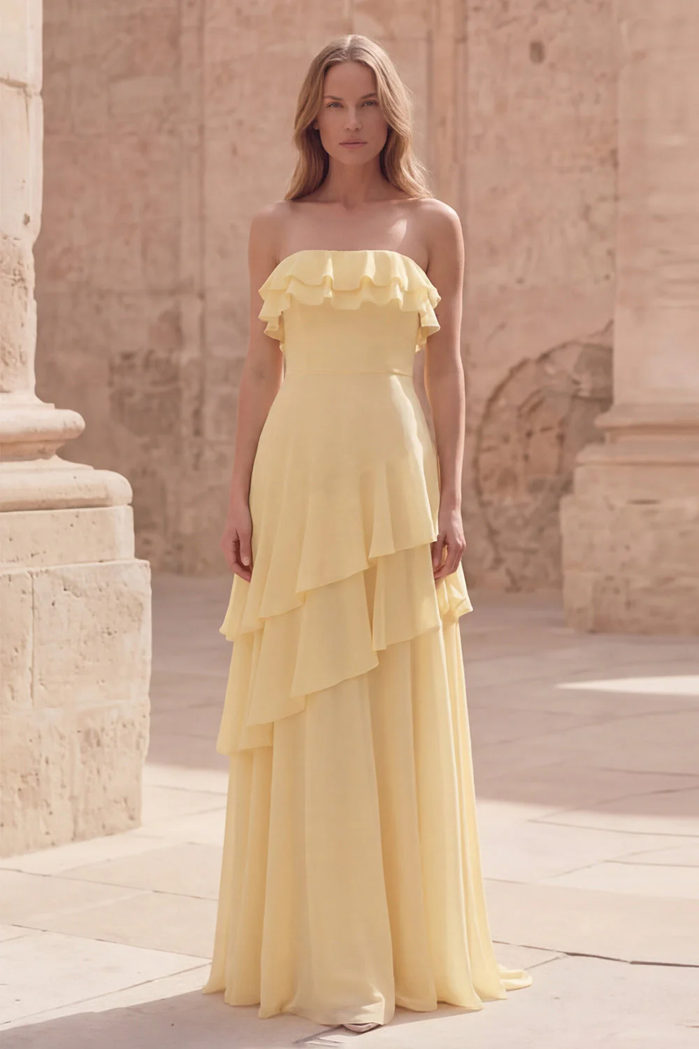 Robe longue de mariage jaune bretelle à volants A Line