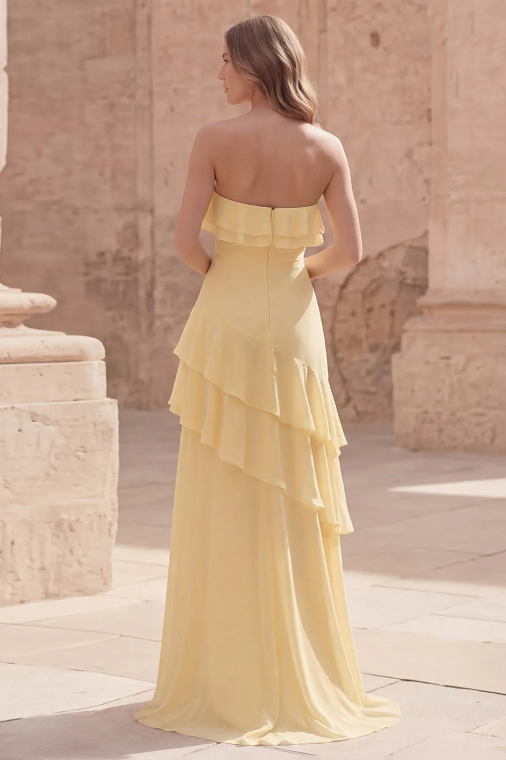 Robe longue de mariage jaune bretelle à volants A Line - Image 2