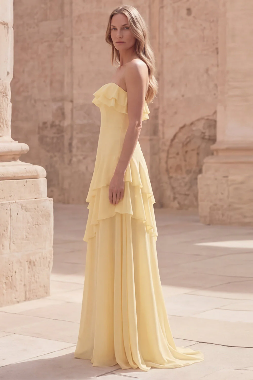 Robe longue de mariage jaune bretelle à volants A Line - Image 3