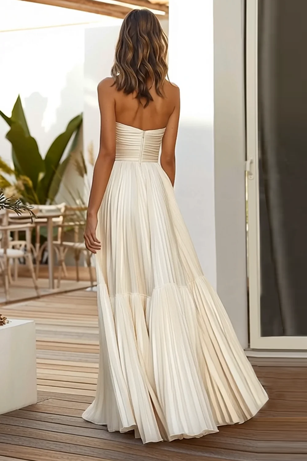 Robe longue de mariage plissée à la ligne Champagne - Image 4