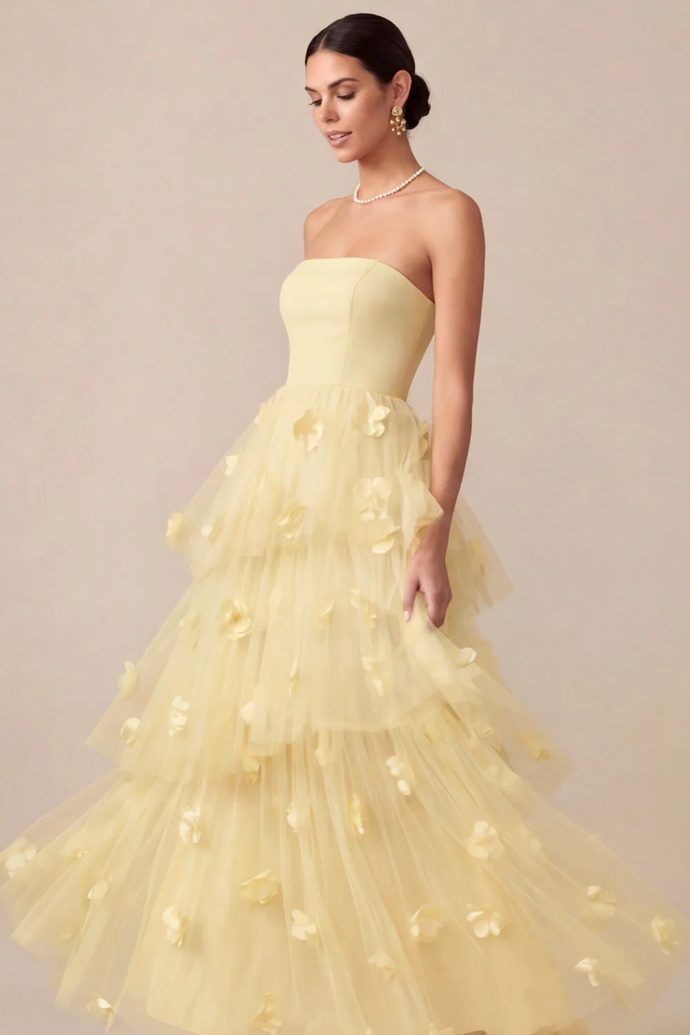 Robe longue de mariage sans bretelles jaune clair A Line - Image 3