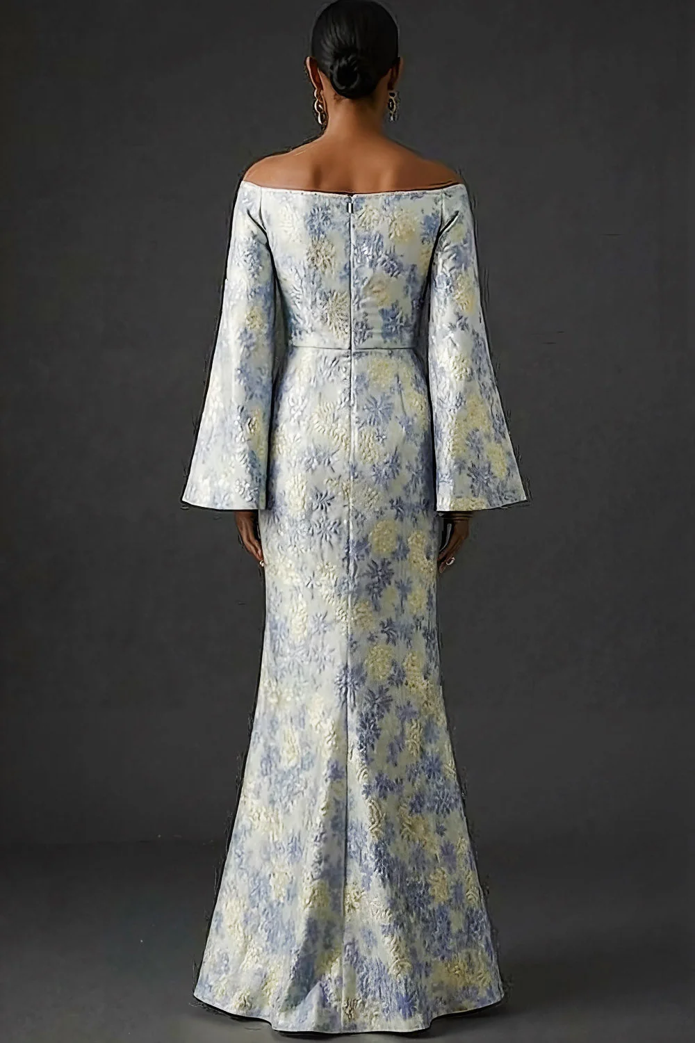Robe longue de mariage sirène à manches flottantes bleu poussiéreux - Image 2