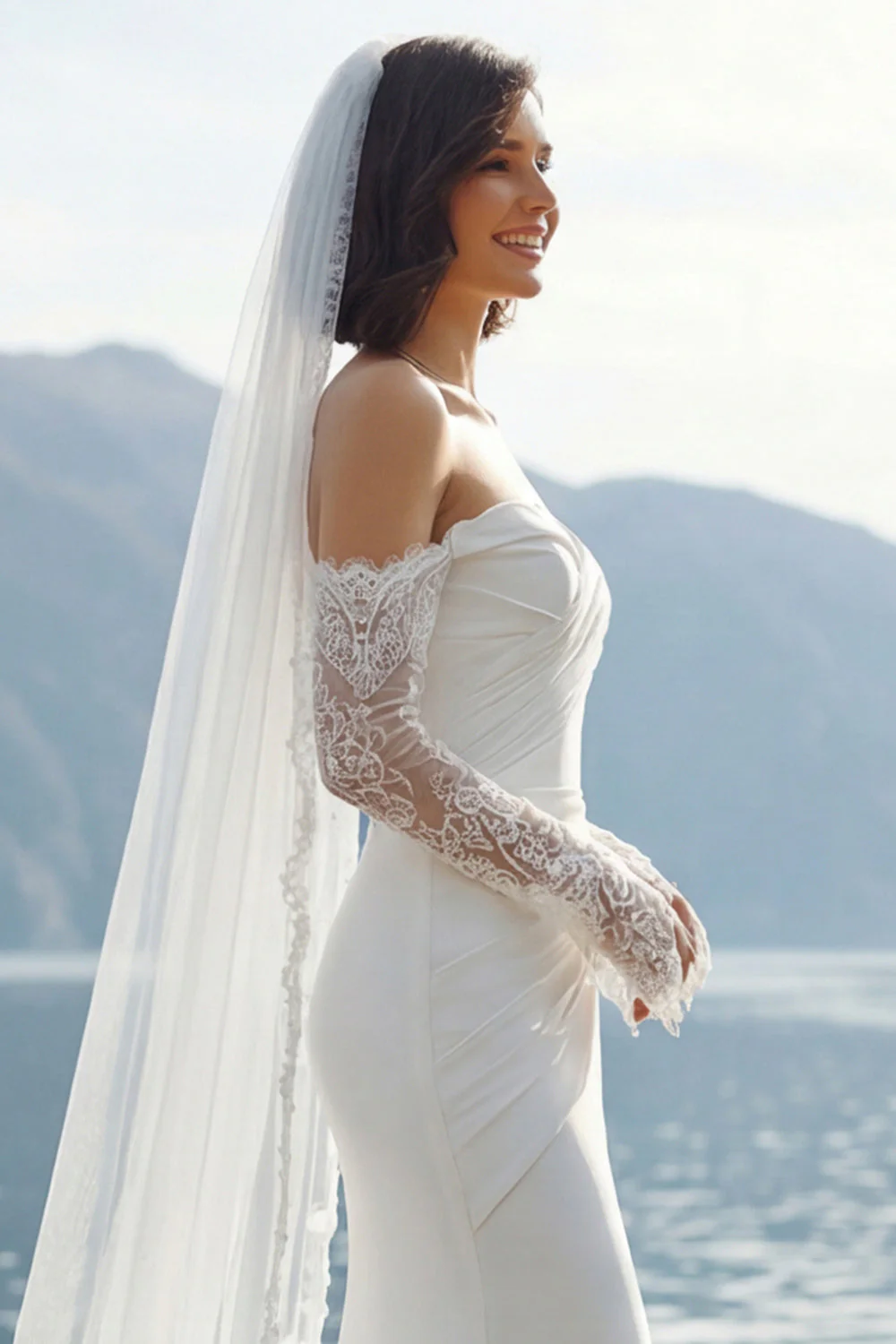 Robe longue de mariée en dentelle sirène appliquée en dentelle ivoire - Image 6