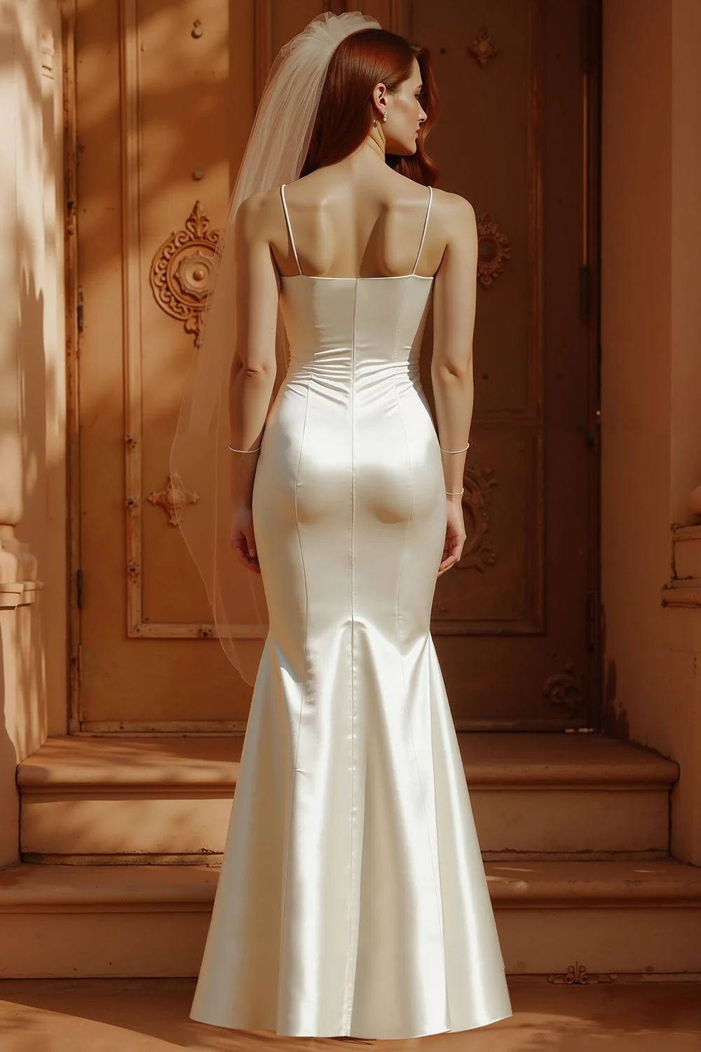 Robe longue de mariée en satin à bretelles blanches - Image 3