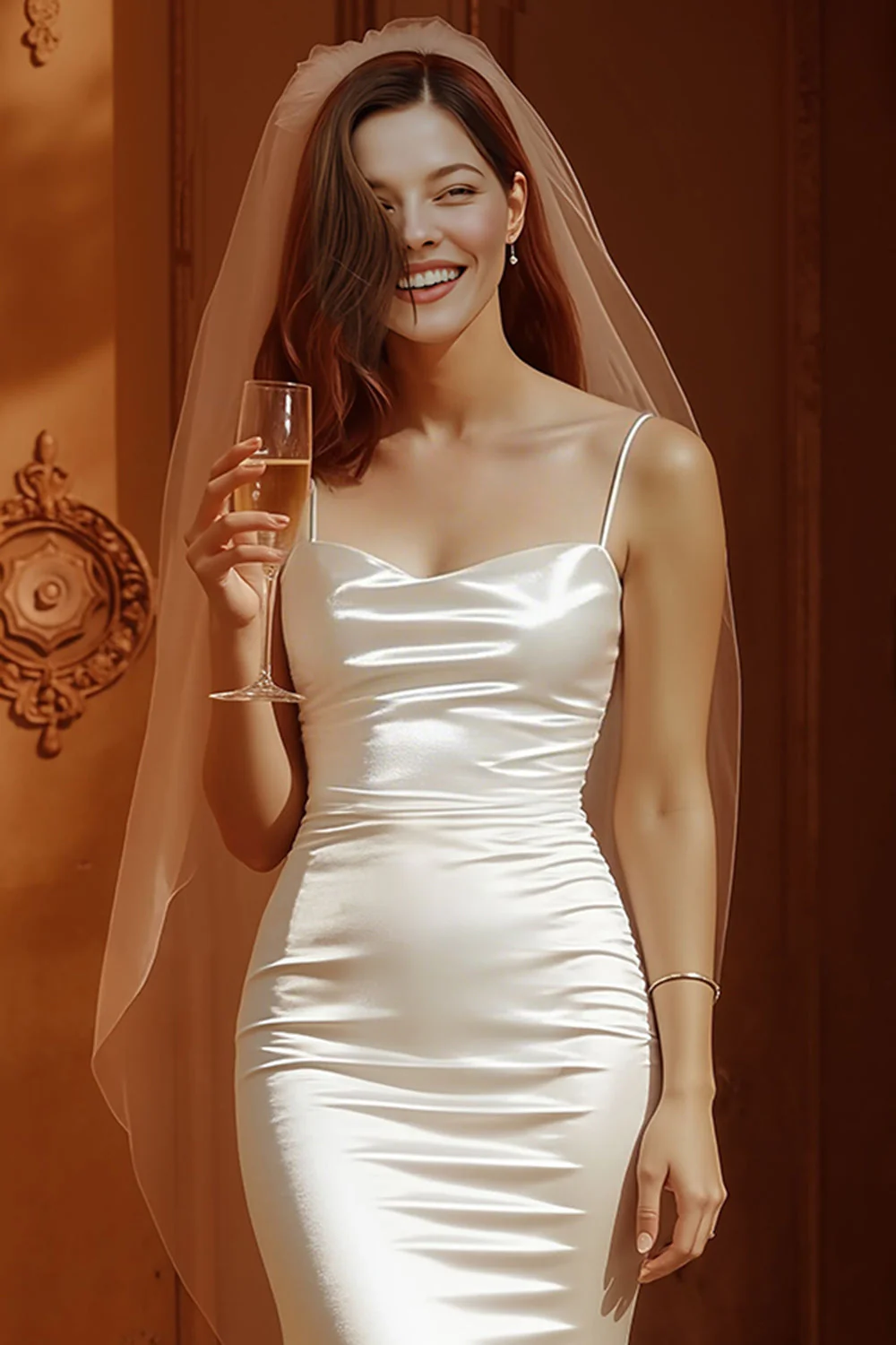 Robe longue de mariée en satin à bretelles blanches - Image 4