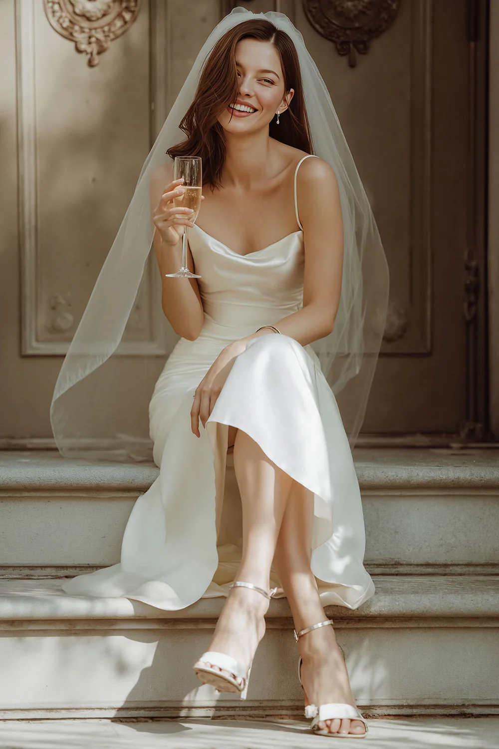 Robe longue de mariée en satin à bretelles blanches - Image 6