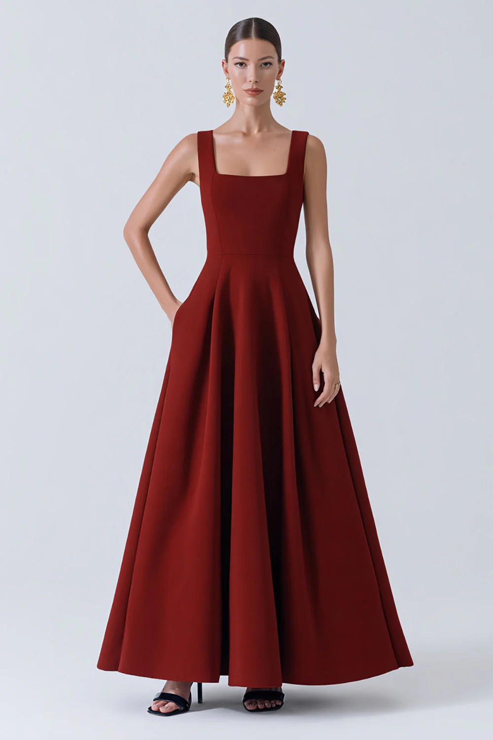 Robe longue de mariée en satin bordeaux A-Line avec poches