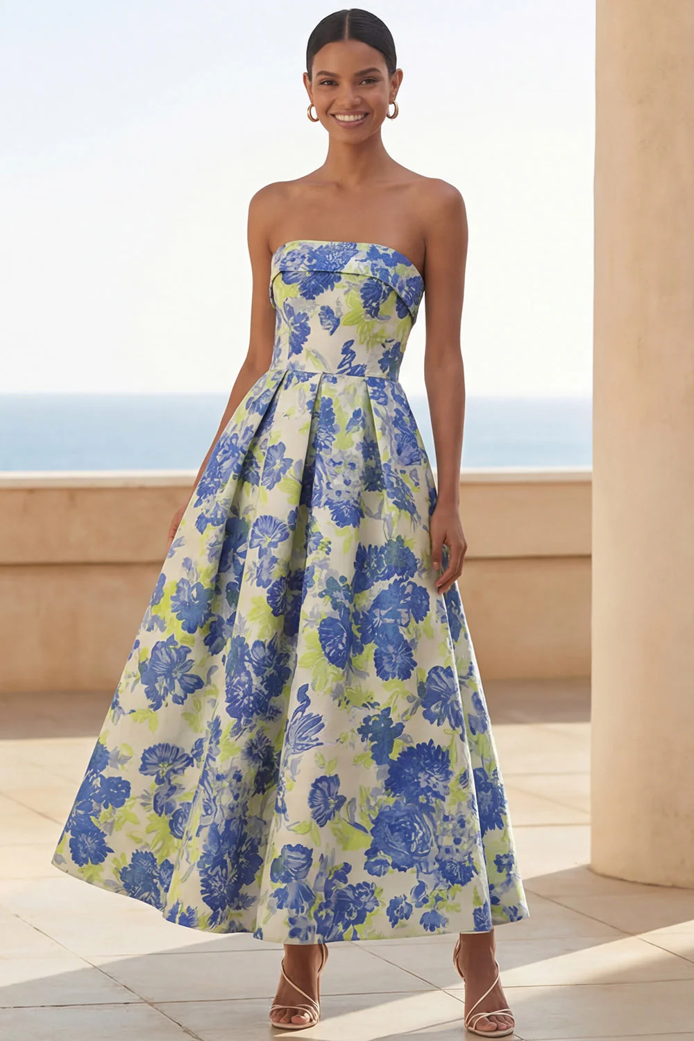 Robe longue de mariée longue à motifs floraux à motifs floraux en fleurs de jonquille bleue en ligne A - Image 3