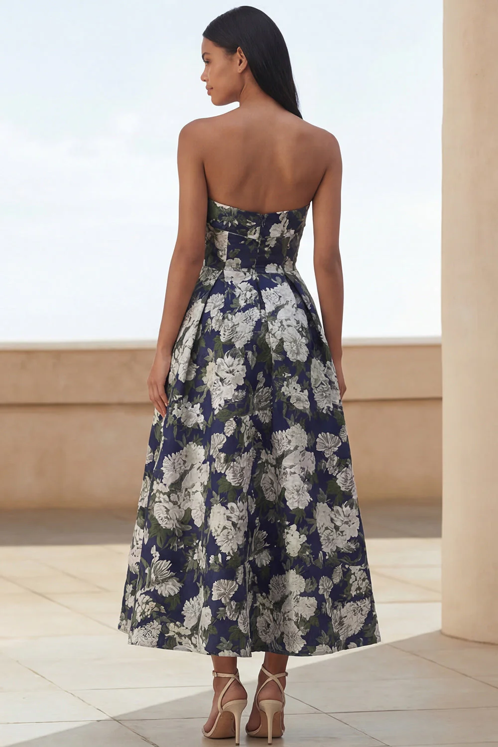 Robe longue de mariée longue à motifs floraux à motifs floraux en fleurs de jonquille bleue en ligne A - Image 7