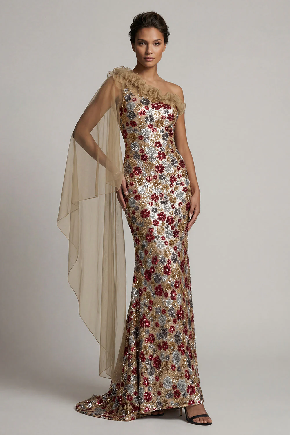 Robe longue de mère de la mariée à paillettes rouges scintillantes à motifs floraux