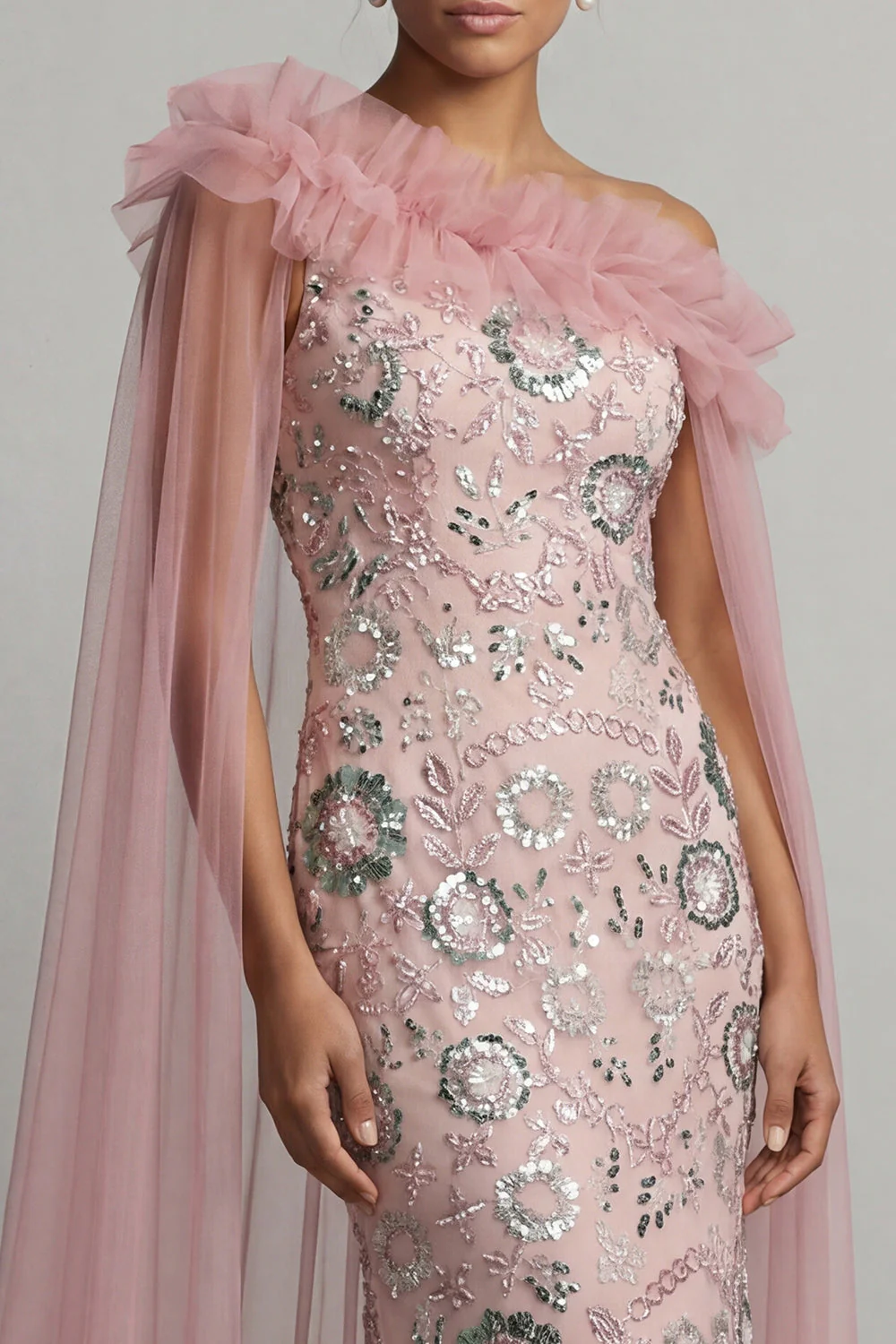 Robe longue de mère de la mariée à perles de sirène rose et scintillante - Image 4