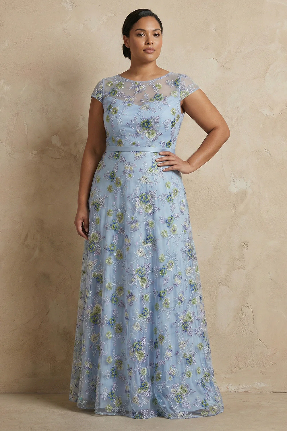 Robe longue de mère de la mariée brodée bleue brodée en A - Image 2