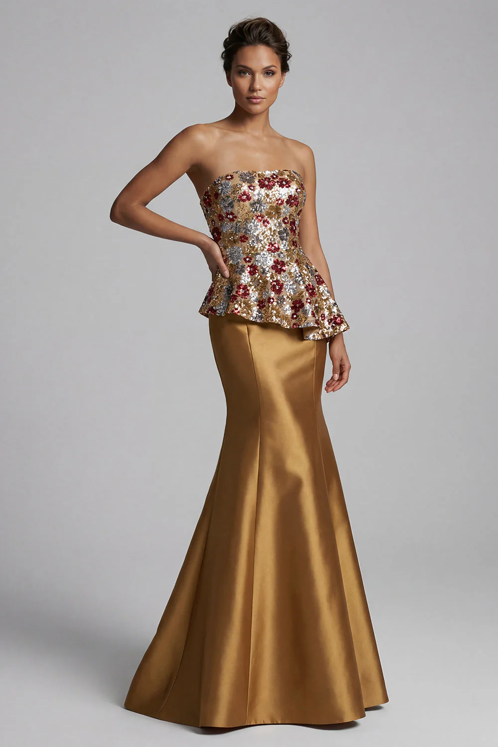 Robe longue de mère de la mariée dorée scintillante scintillante en sirène sans bretelles