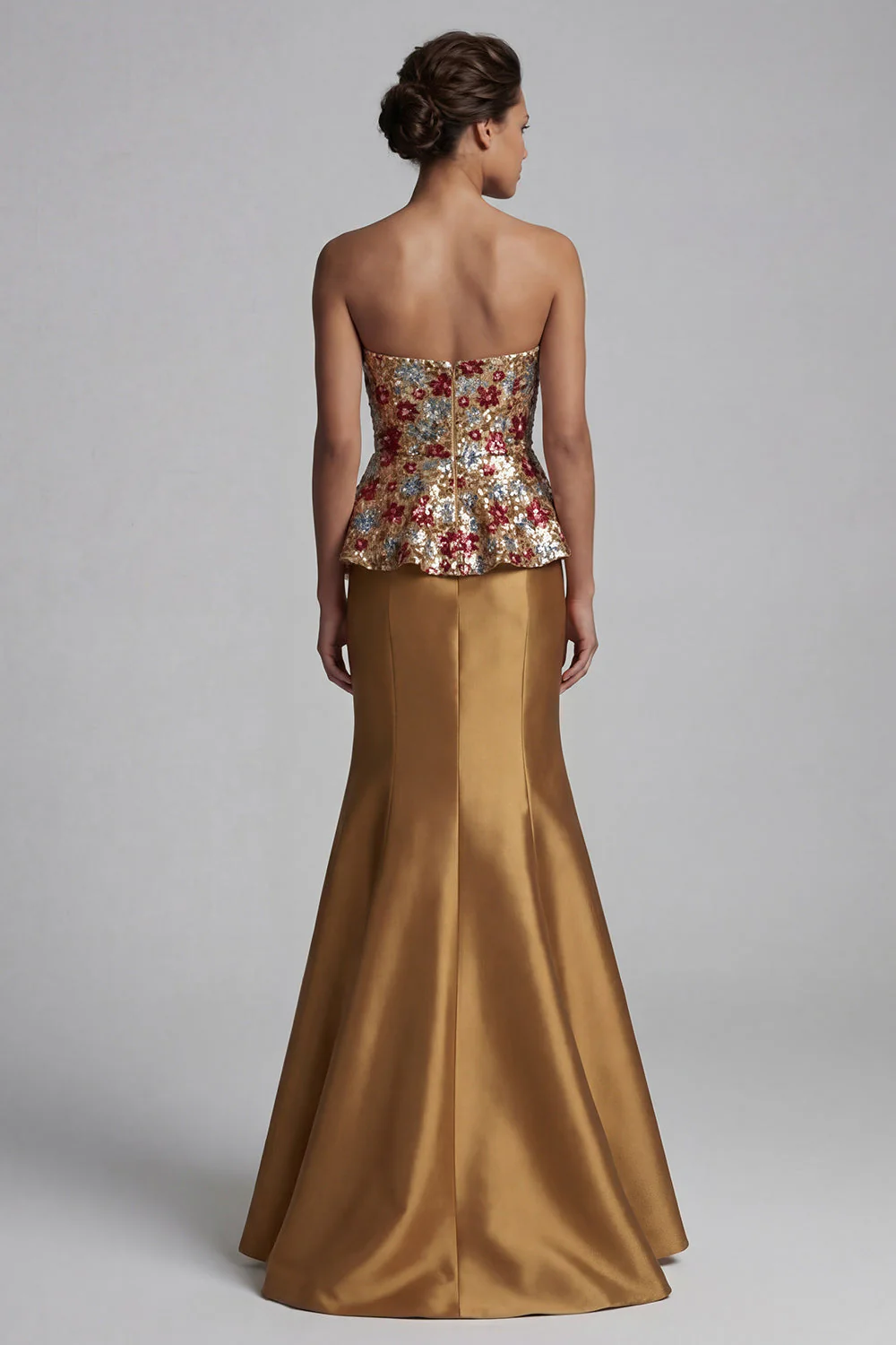 Robe longue de mère de la mariée dorée scintillante scintillante en sirène sans bretelles - Image 2