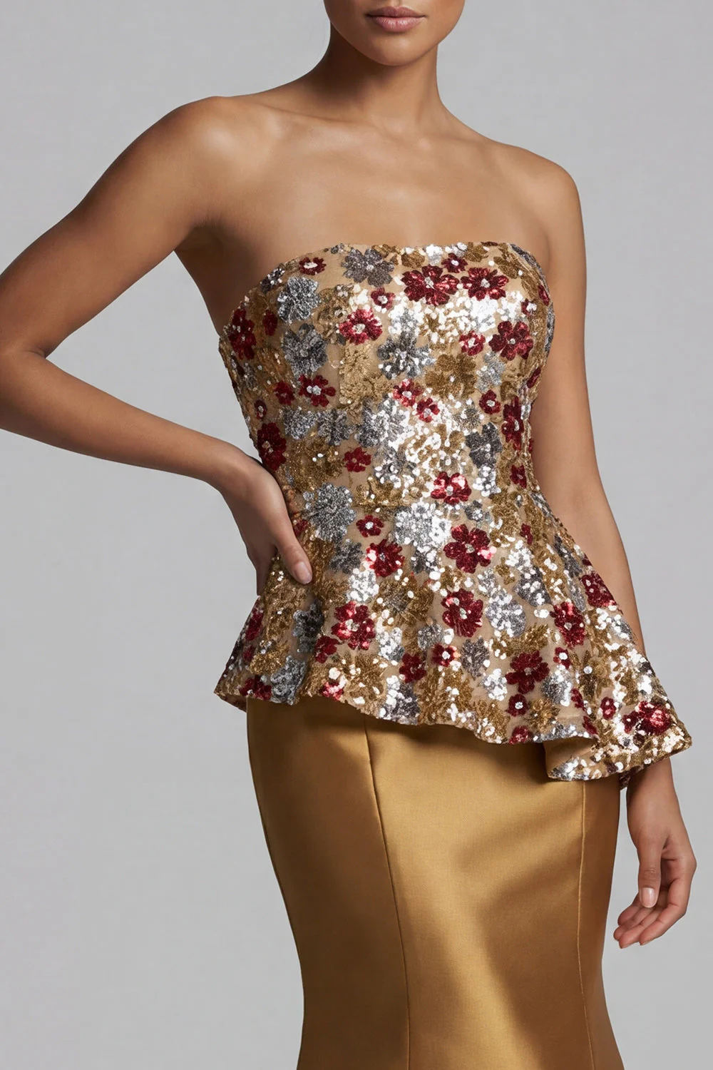 Robe longue de mère de la mariée dorée scintillante scintillante en sirène sans bretelles - Image 4