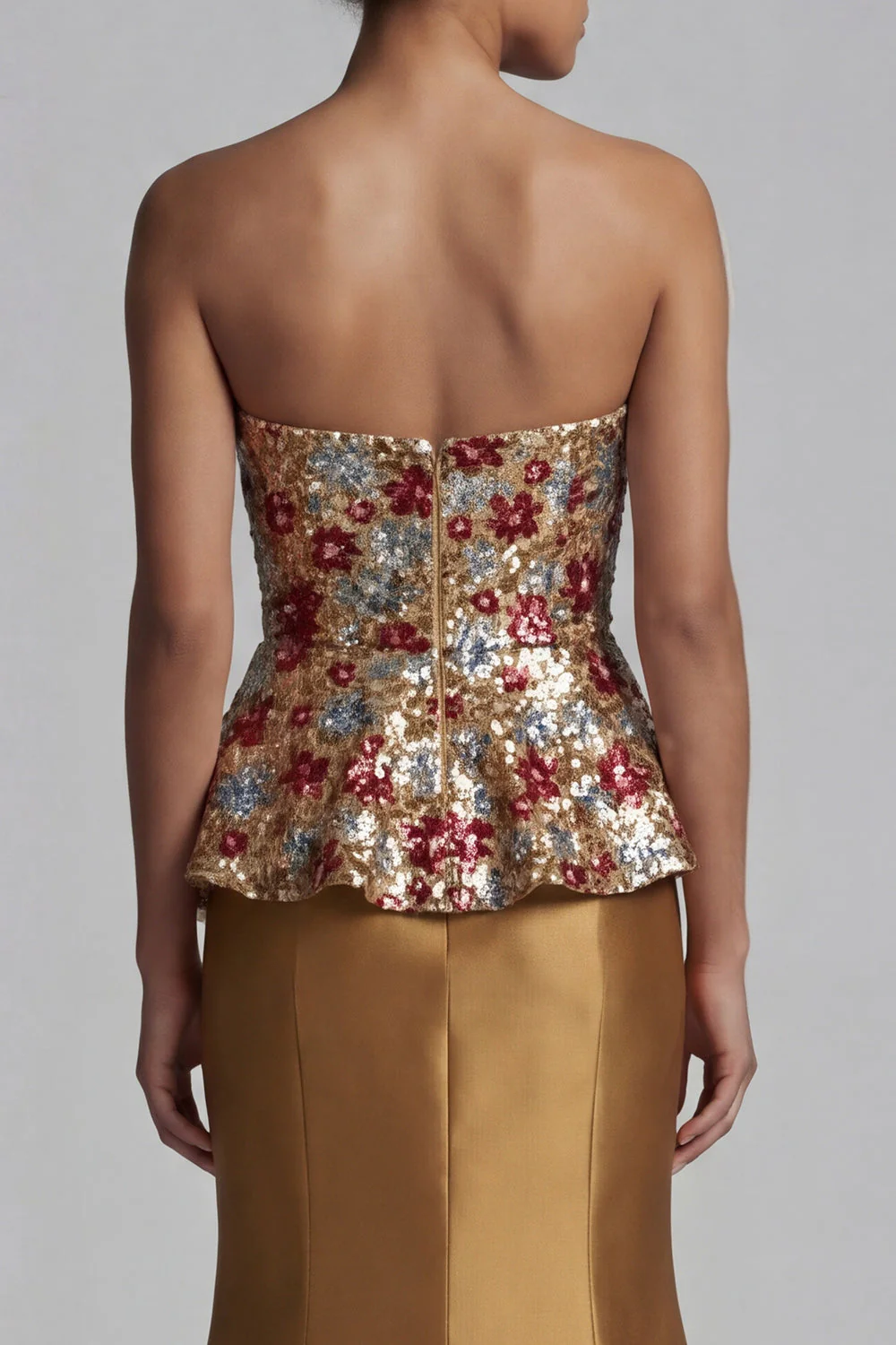 Robe longue de mère de la mariée dorée scintillante scintillante en sirène sans bretelles - Image 5