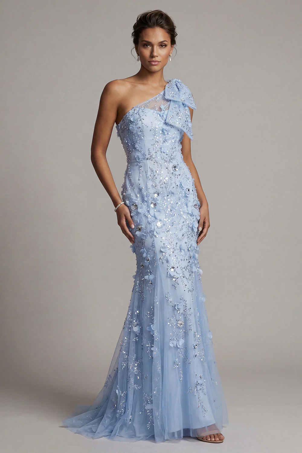 Robe longue de mère de la mariée sirène bleu ciel à paillettes sur une épaule avec des fleurs 3D - Image 3