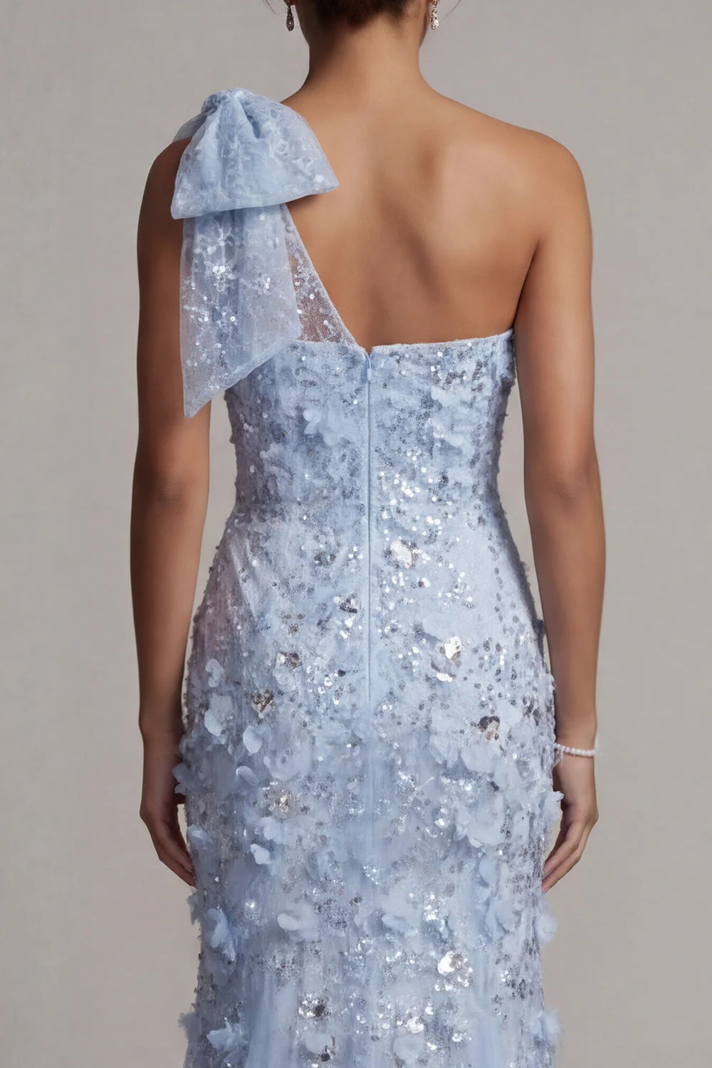 Robe longue de mère de la mariée sirène bleu ciel à paillettes sur une épaule avec des fleurs 3D - Image 5
