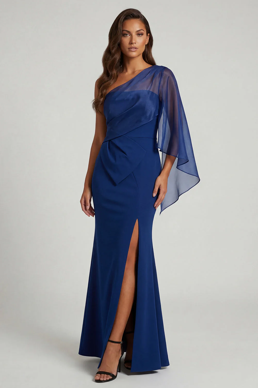 Robe longue de mère de la mariée sirène bleu foncé à une épaule avec fente - Image 3