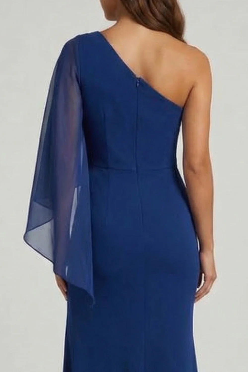 Robe longue de mère de la mariée sirène bleu foncé à une épaule avec fente - Image 5