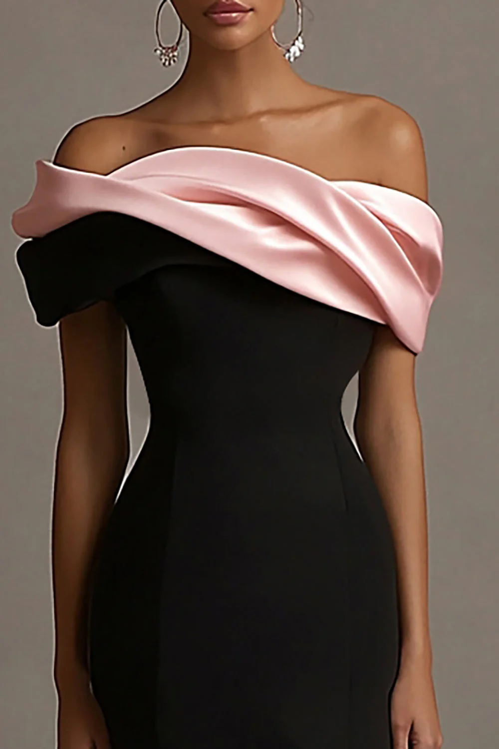 Robe de soirée longue sirène en satin noir et rose à volants élégante - Image 3
