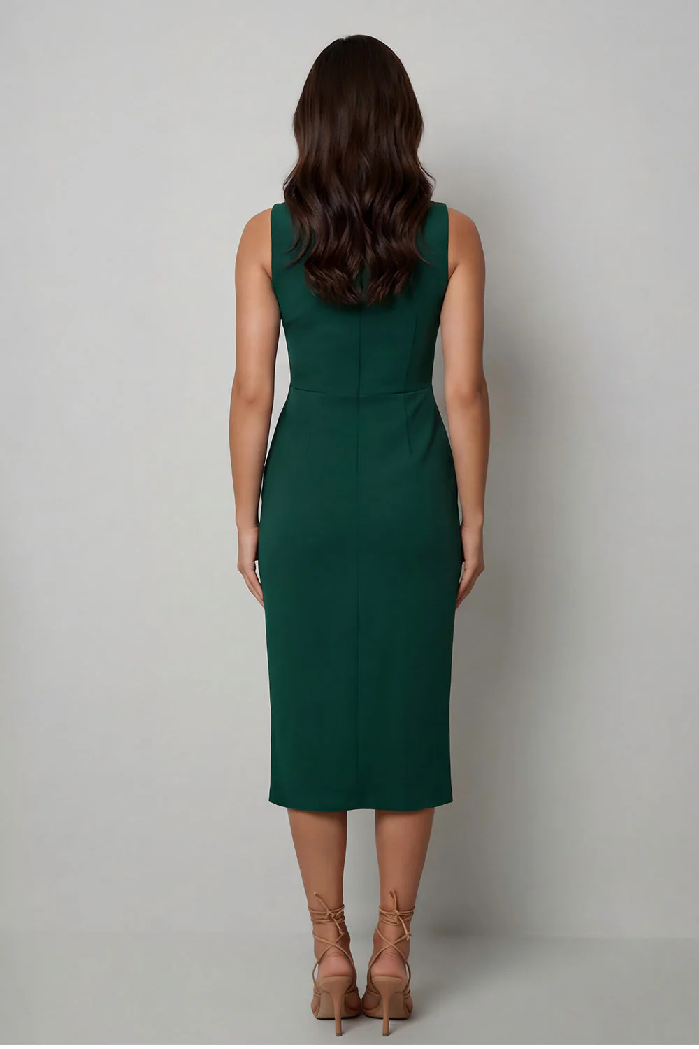 Robe longue de travail bodycon collante vert foncé à col bateau avec fente - Image 2