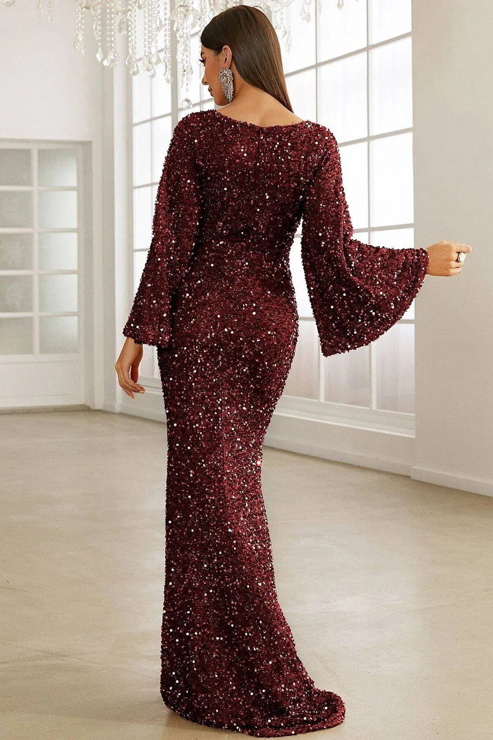 Robe longue de vacances sirène à paillettes scintillantes bordeaux - Image 2