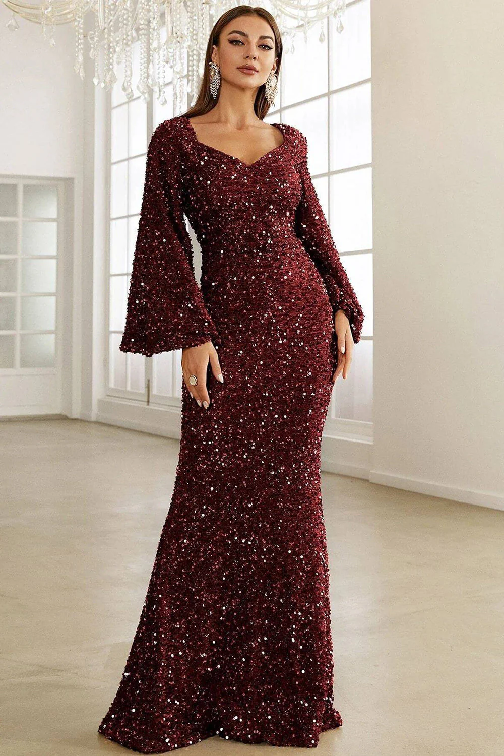 Robe longue de vacances sirène à paillettes scintillantes bordeaux - Image 3
