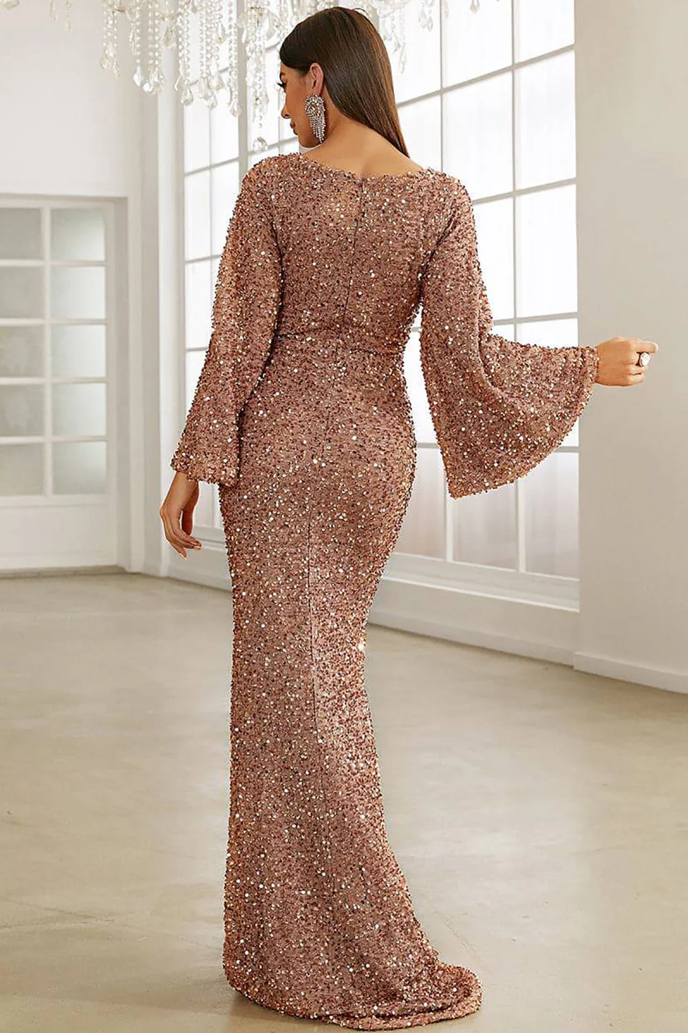 Robe longue de vacances sirène à paillettes scintillantes bordeaux - Image 5