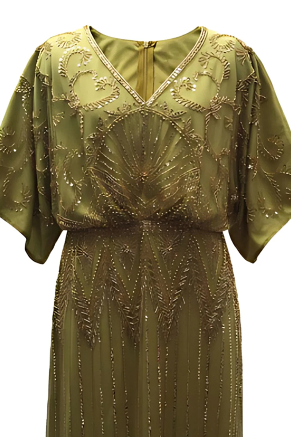 Robe longue des années 1920 à col en V avec perles noires dorées et paillettes - Image 4
