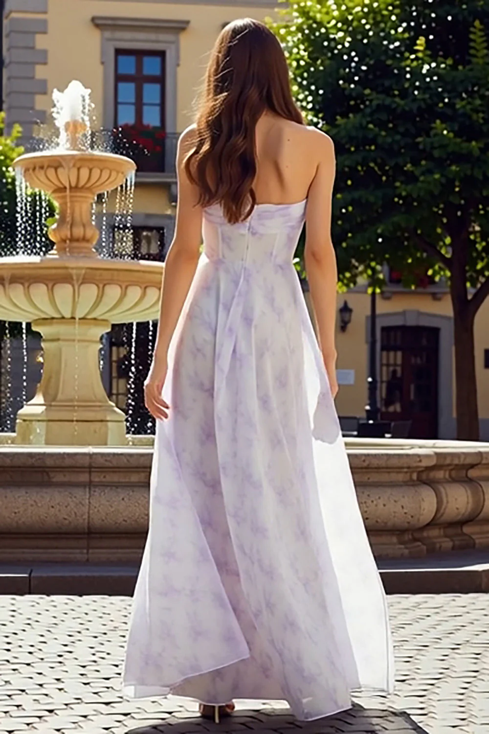 Robe longue en chiffon fleuri sans bretelles A Line - Image 2