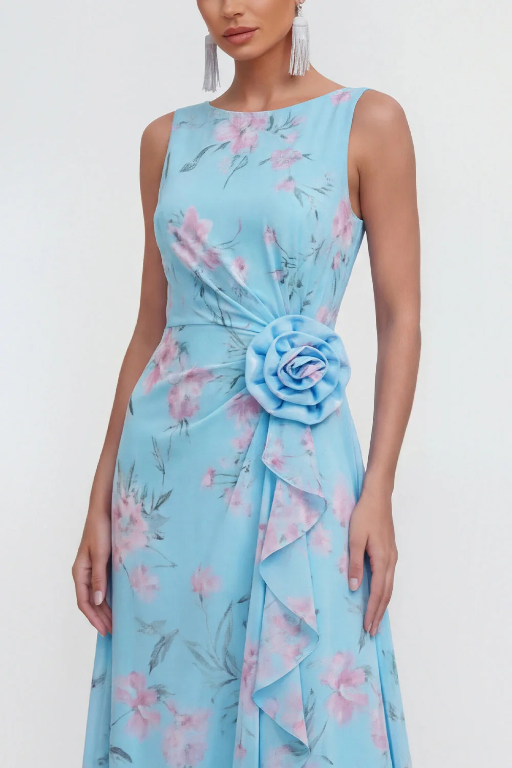 Robe longue en mousseline 3D bleue à motifs de fleurs avec fente à volants - Image 3