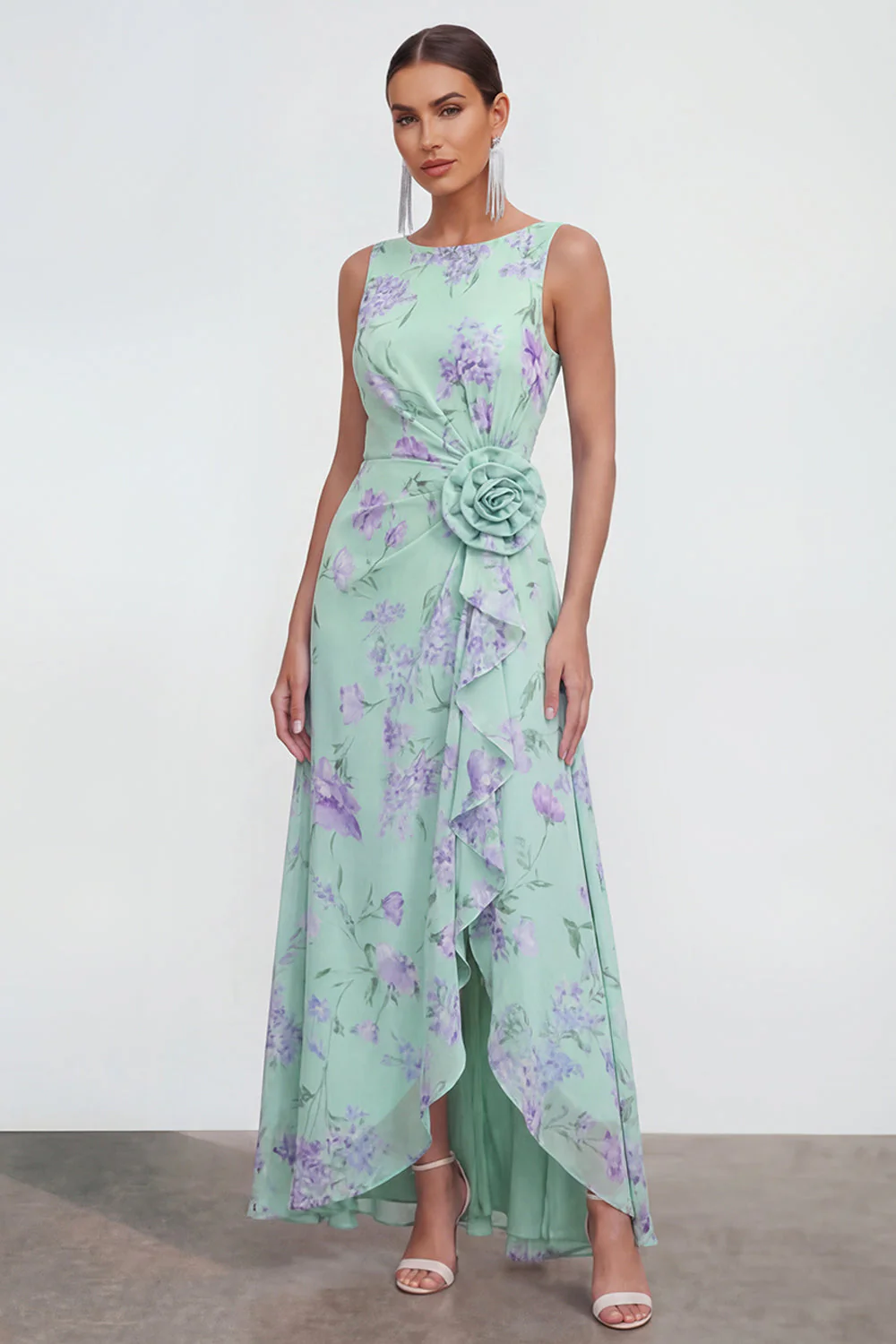 Robe longue en mousseline 3D bleue à motifs de fleurs avec fente à volants - Image 5