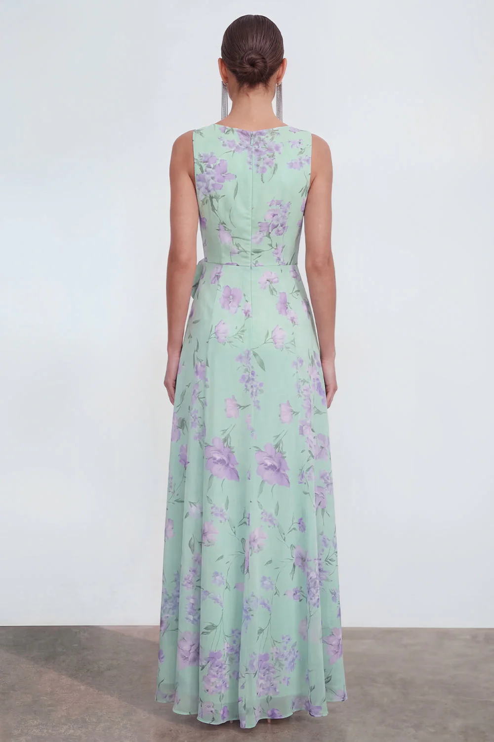 Robe longue en mousseline 3D bleue à motifs de fleurs avec fente à volants - Image 6