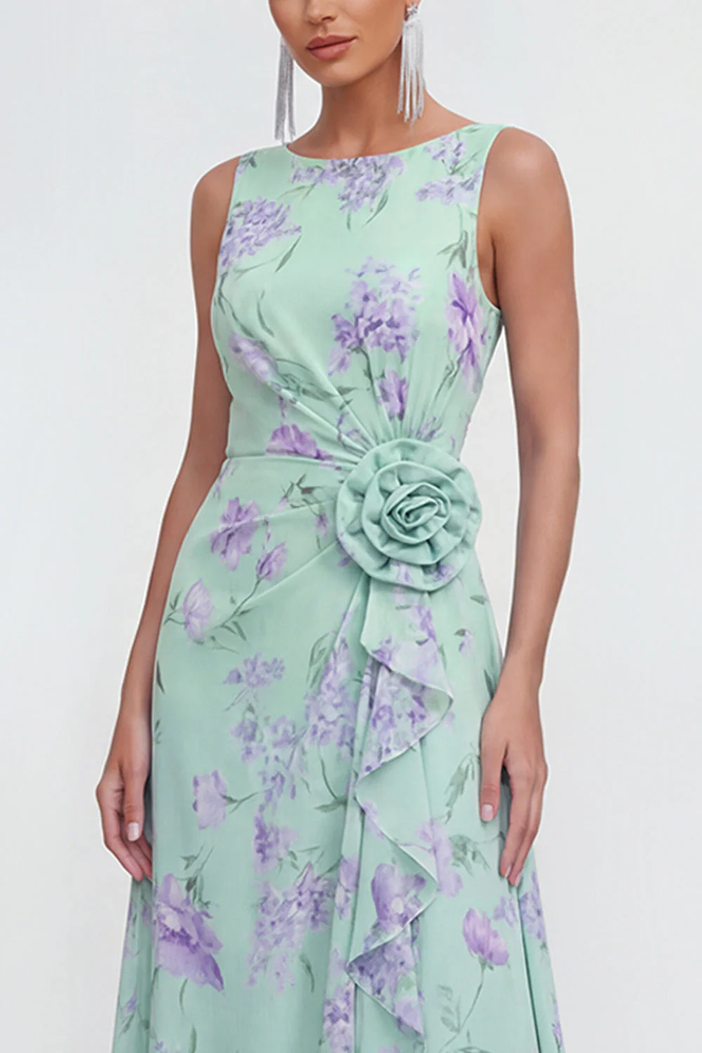 Robe longue en mousseline 3D bleue à motifs de fleurs avec fente à volants - Image 7