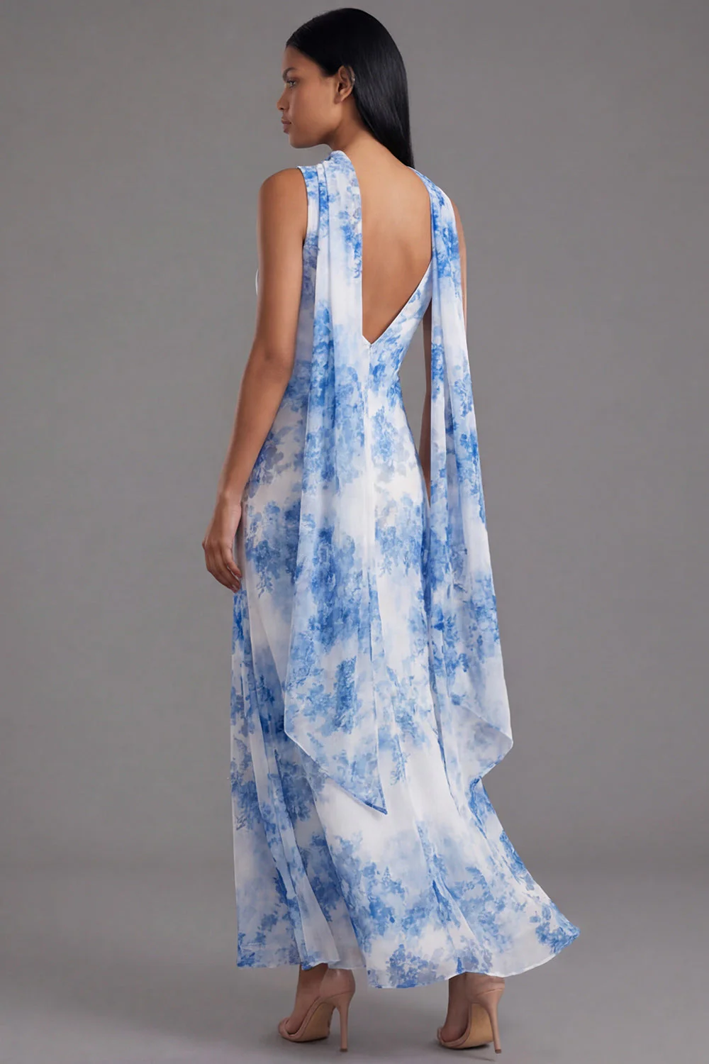 Robe longue en mousseline en mousseline blanche bleue à col en V et écharpe à col - Image 2