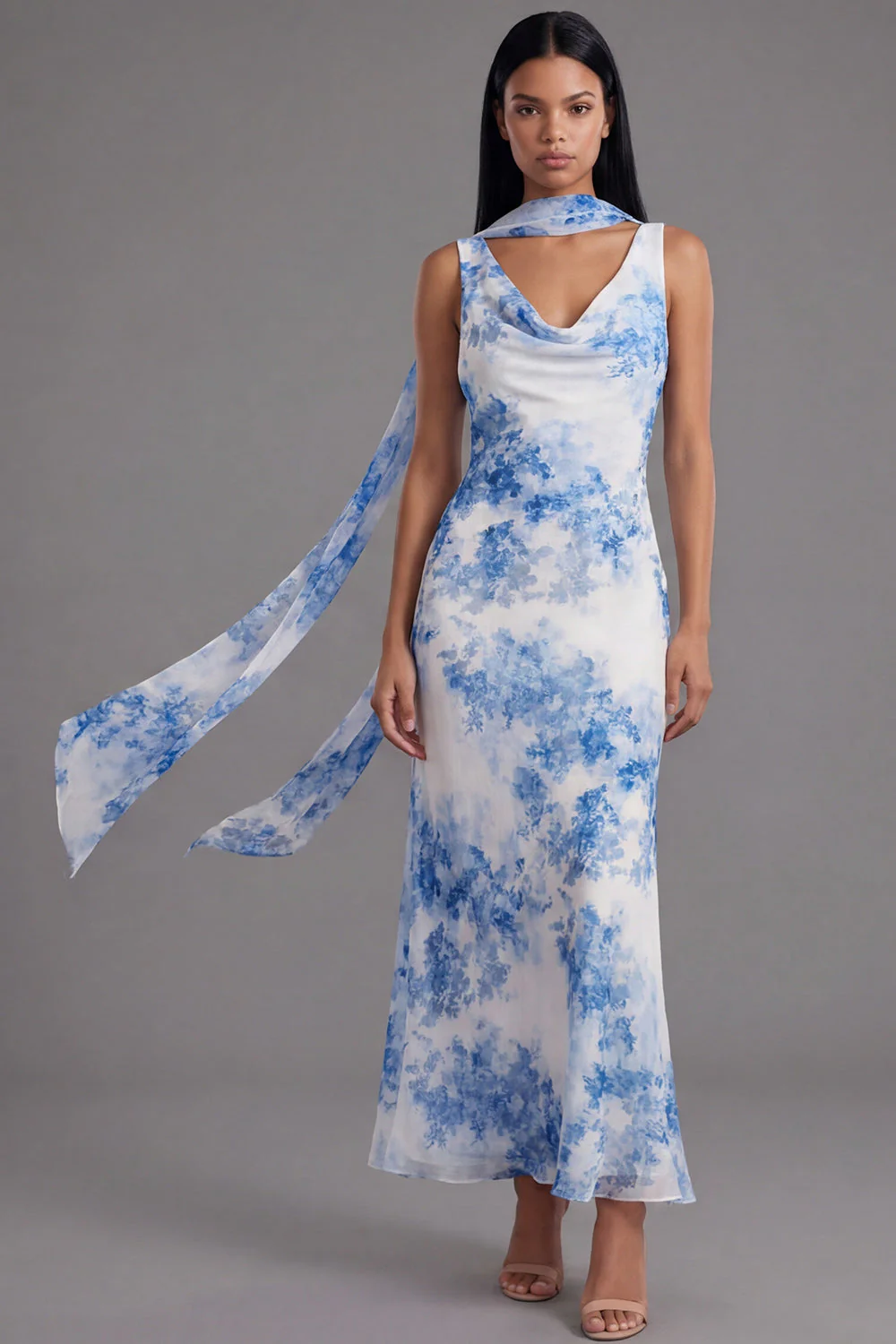 Robe longue en mousseline en mousseline blanche bleue à col en V et écharpe à col - Image 3
