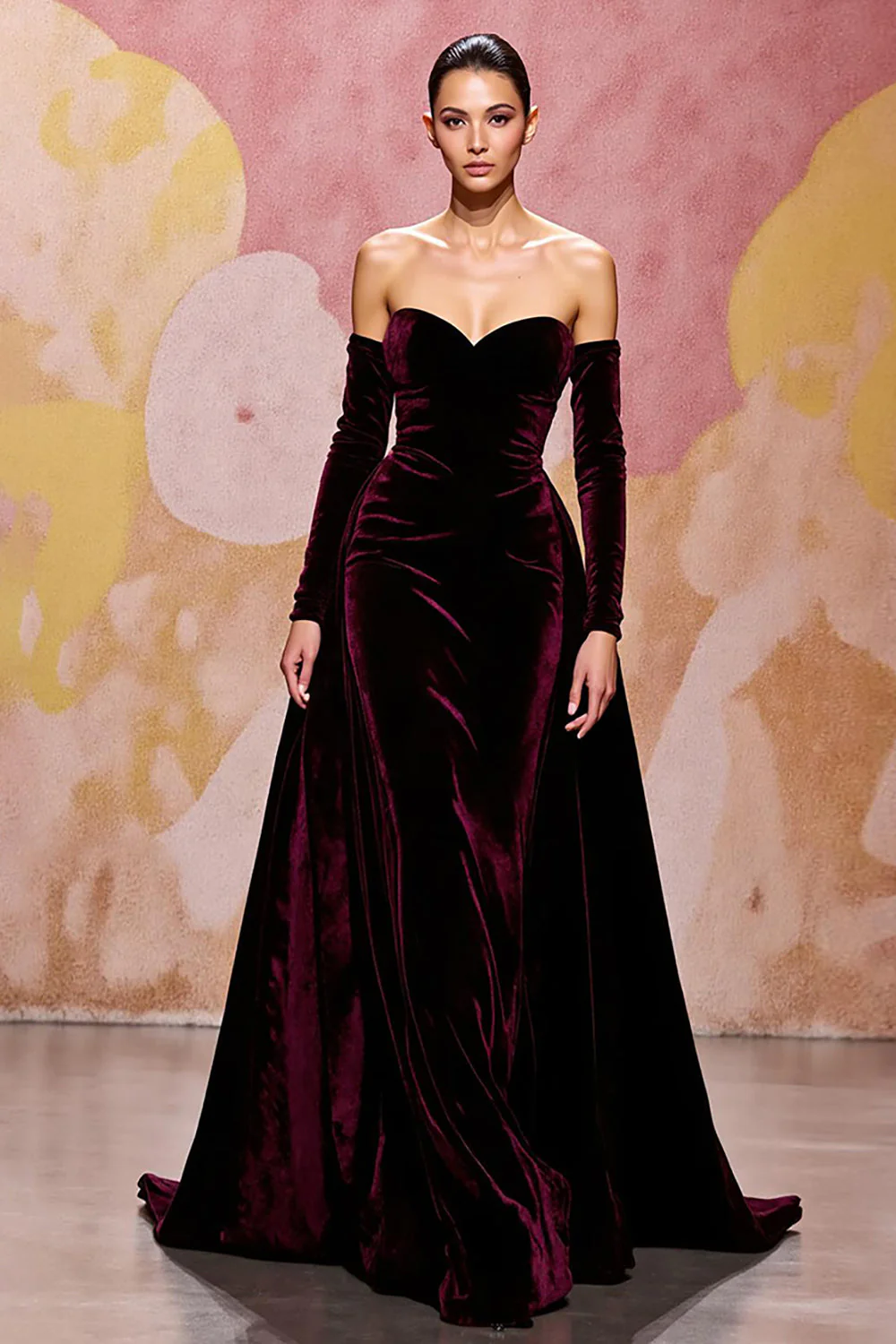 Robe De Soirée en velours rouge foncé à manches longues - Image 3