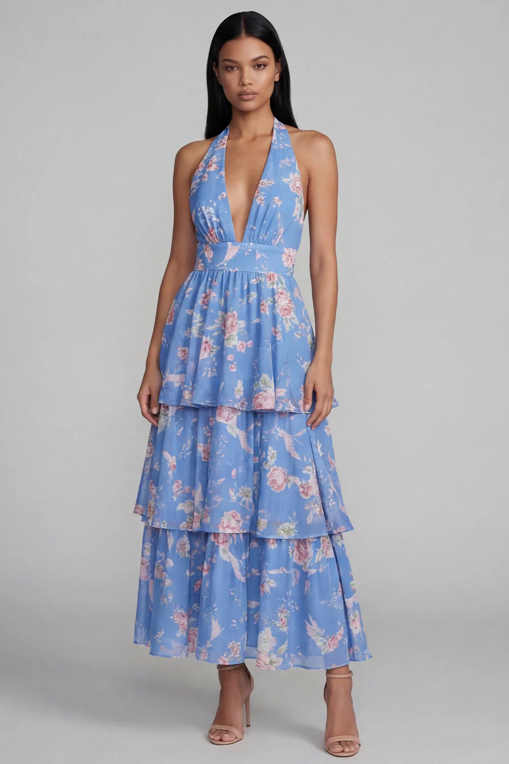 Robe longue fleur à dos nus à col à étages bleu rose avec nœud long - Image 3
