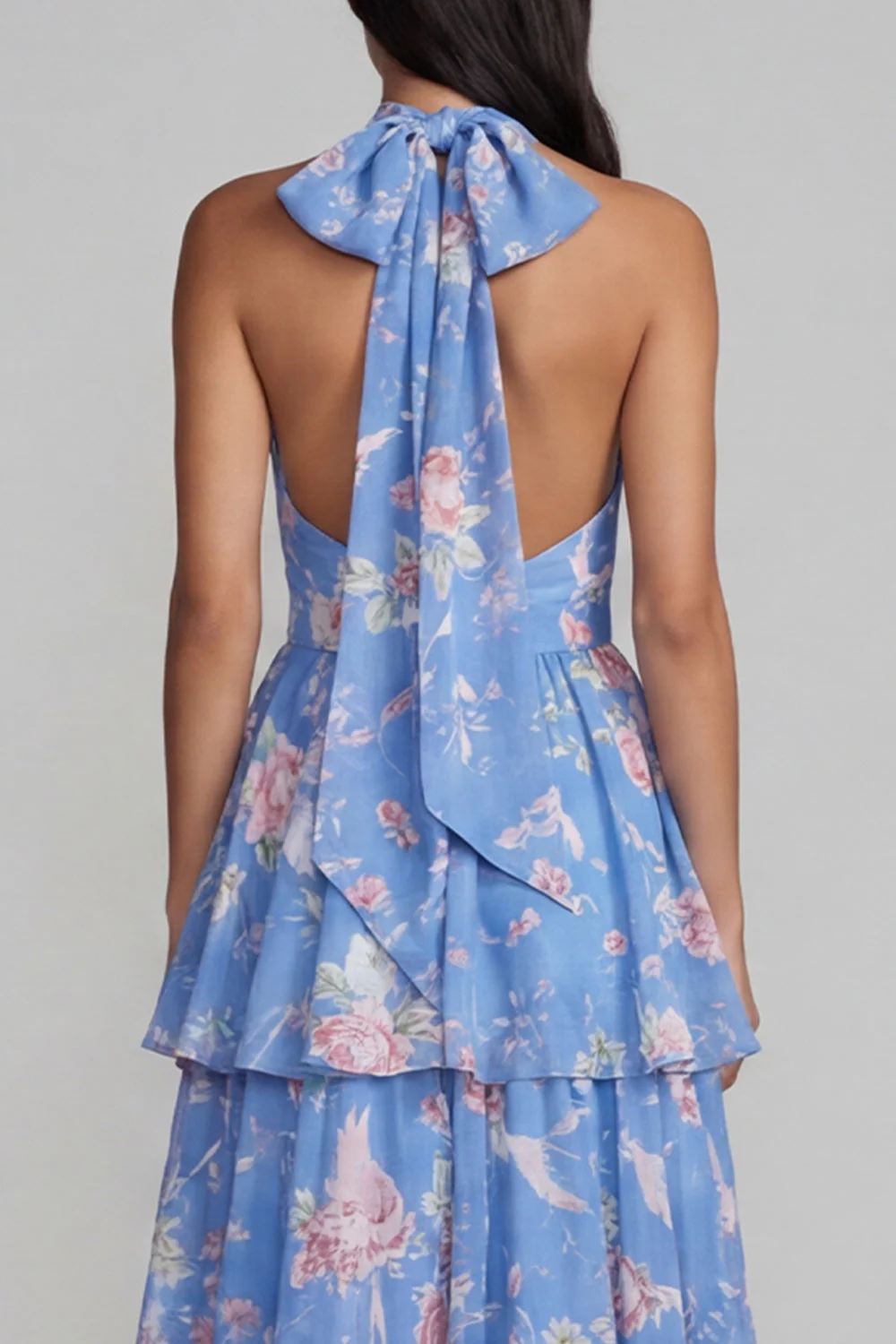 Robe longue fleur à dos nus à col à étages bleu rose avec nœud long - Image 5