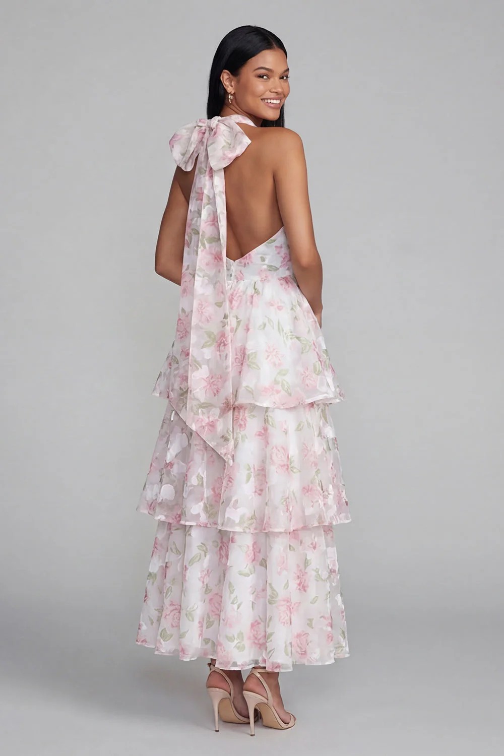 Robe longue fleur à dos nus à col à étages bleu rose avec nœud long - Image 7