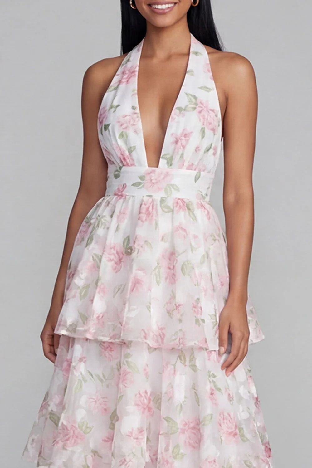 Robe longue fleur à dos nus à col à étages bleu rose avec nœud long - Image 9