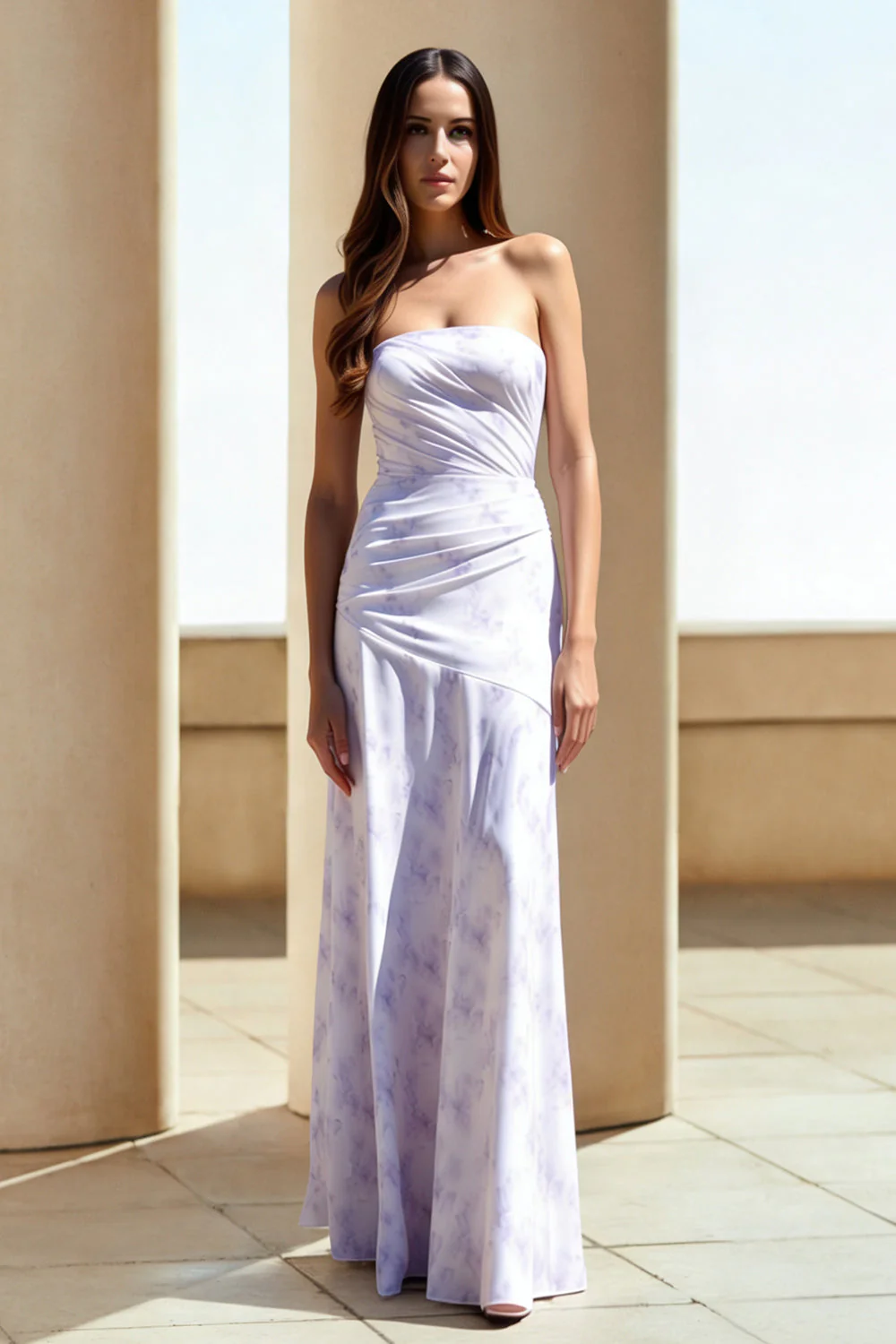 Robe longue fleurie à fleurs fourreau sans bretelles lilas