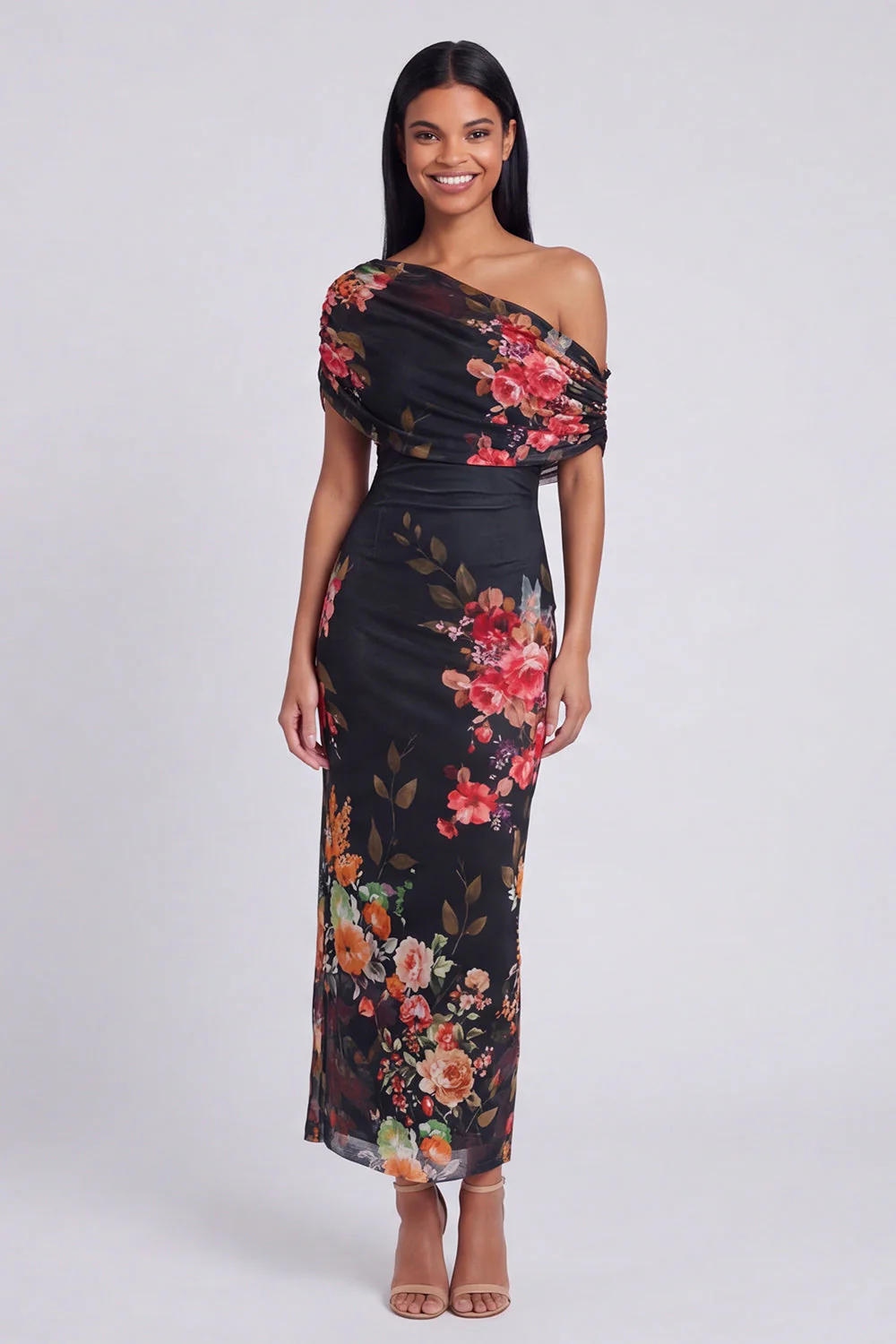 Robe longue fleurie à motifs bodycons en tulle noir