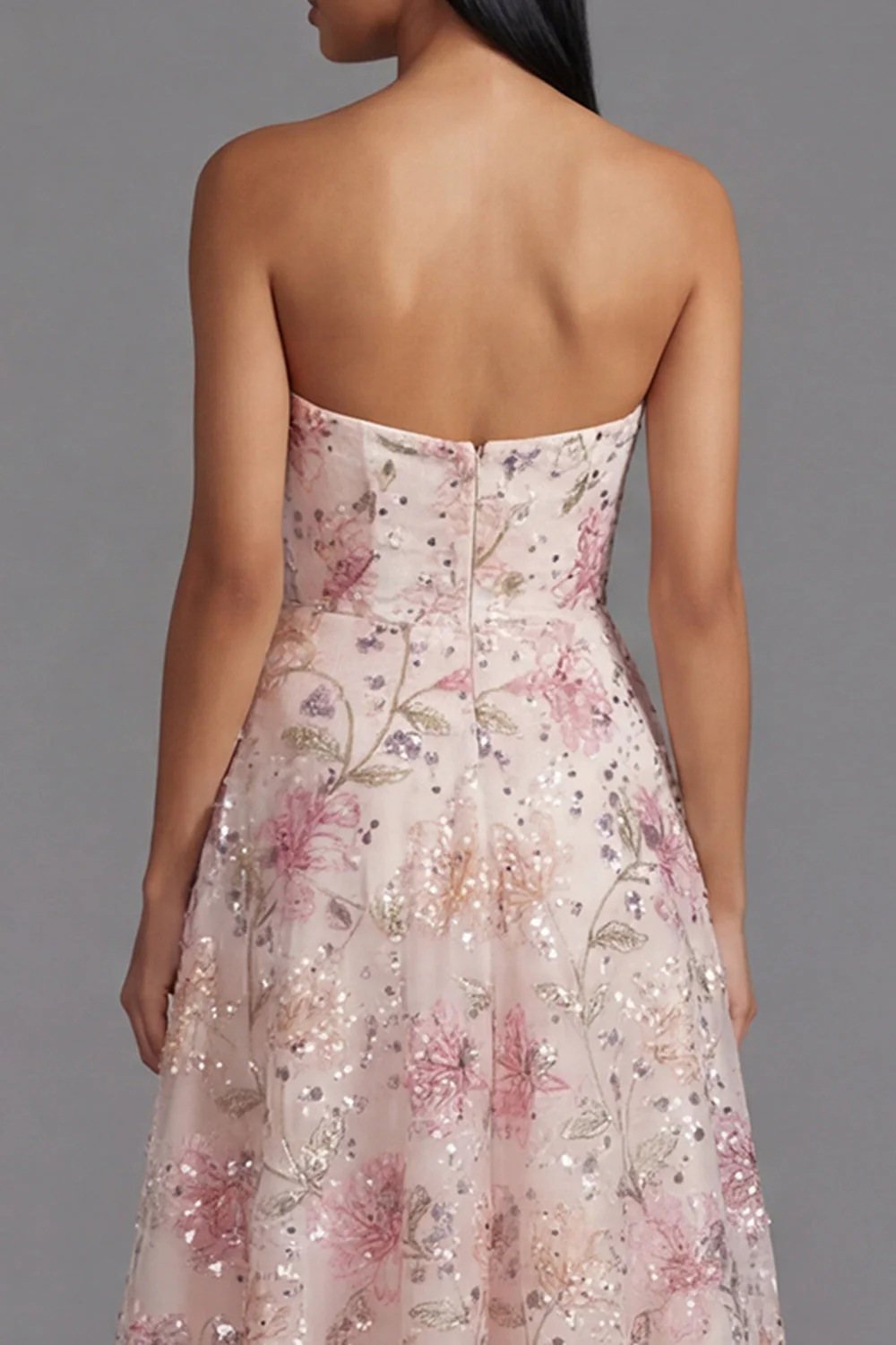 Robe longue fleurie à motifs sans bretelles rose en mousseline avec perles - Image 5