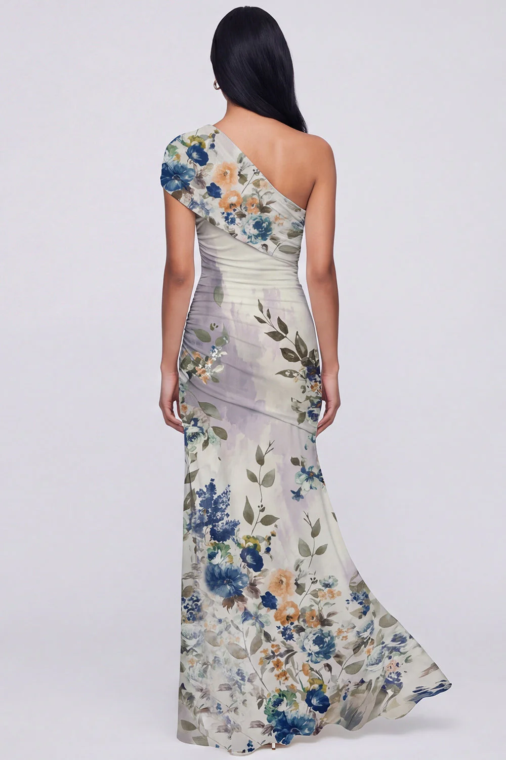 Robe longue fleurie champagne à une épaule avec fente - Image 10